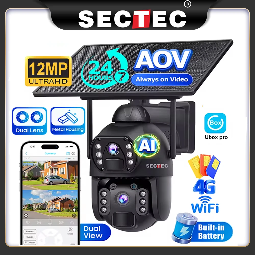 Sectec 12MP 4G SIM Solar Camera AOV Outdoor Dual Lens 360° View 10W Solar Panel Security PTZ IP WIFI Camera 20100mAh Battery