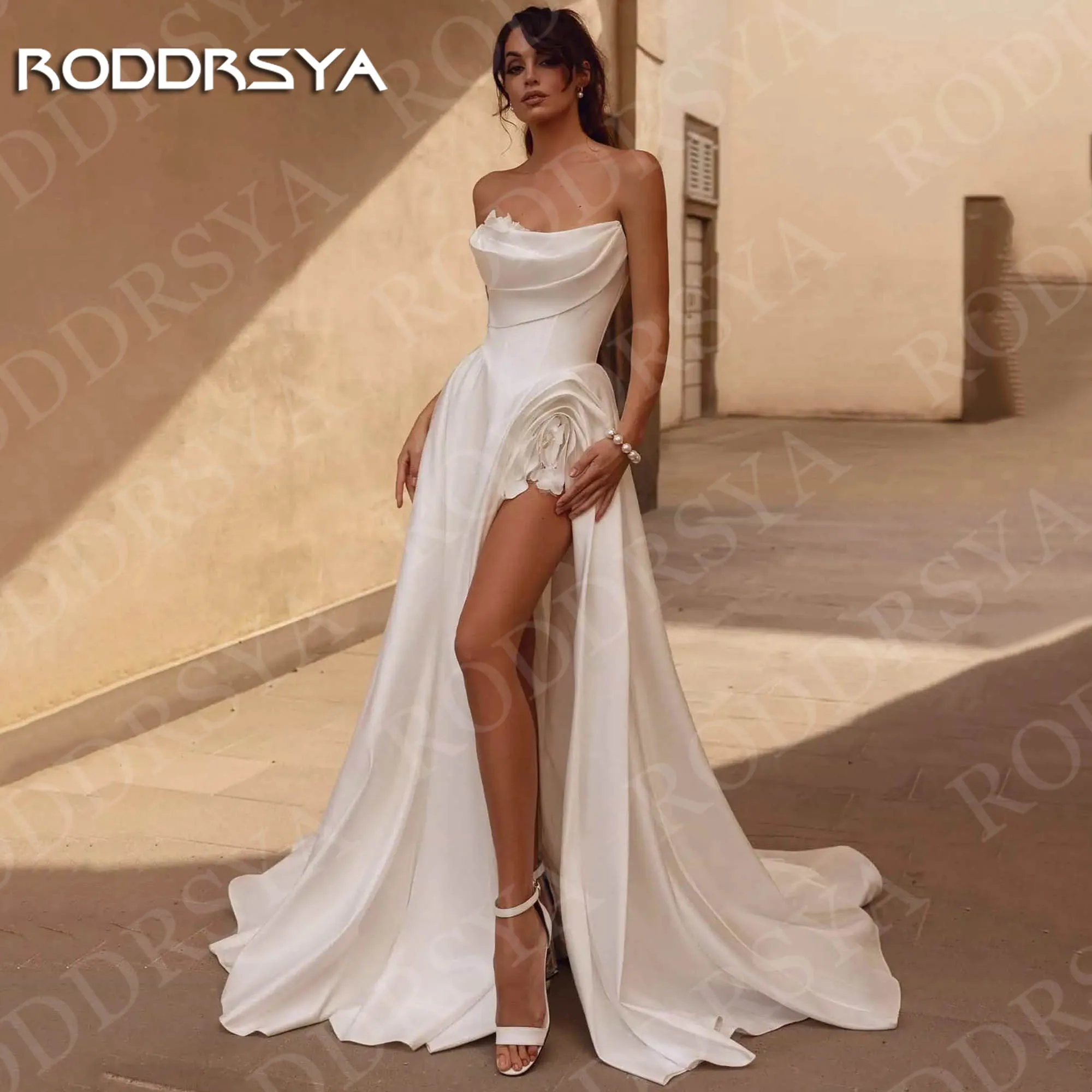 RODDRSYA Современные свадебные платья Атласные свадебные платья Сексуальное платье без бретелек с высоким разрезом A Line Bride Dress Woman Индивидуальное Современные свадебные платья сатиновые свадебные платья сексуал