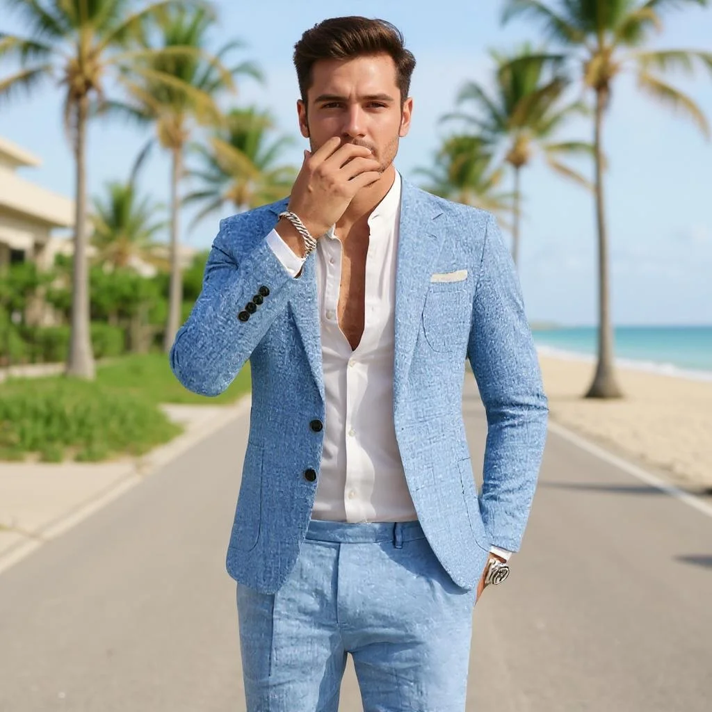 

2 Pieces Linen Men Suits for Summer Beach Notch Lapel Slim Fit Two Buttons Groom Tuxedo Sets Blazer with Pants Custom Made