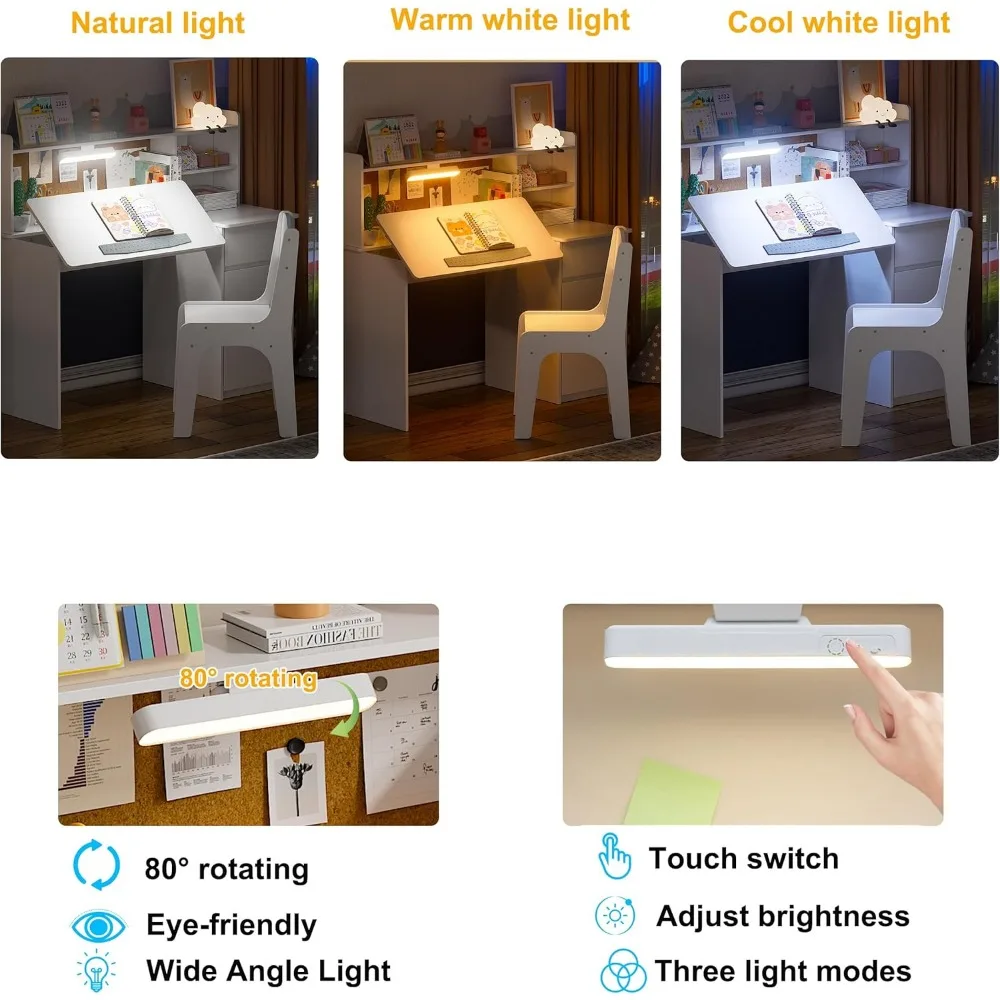 Ensemble bureau et chaise pour enfants, bureau d'étude pour enfants avec 3 lumières pour documents, table d'étude multifonctionnelle pour enfants de 5 à 12 ans, bureaux d'écriture pour étudiants