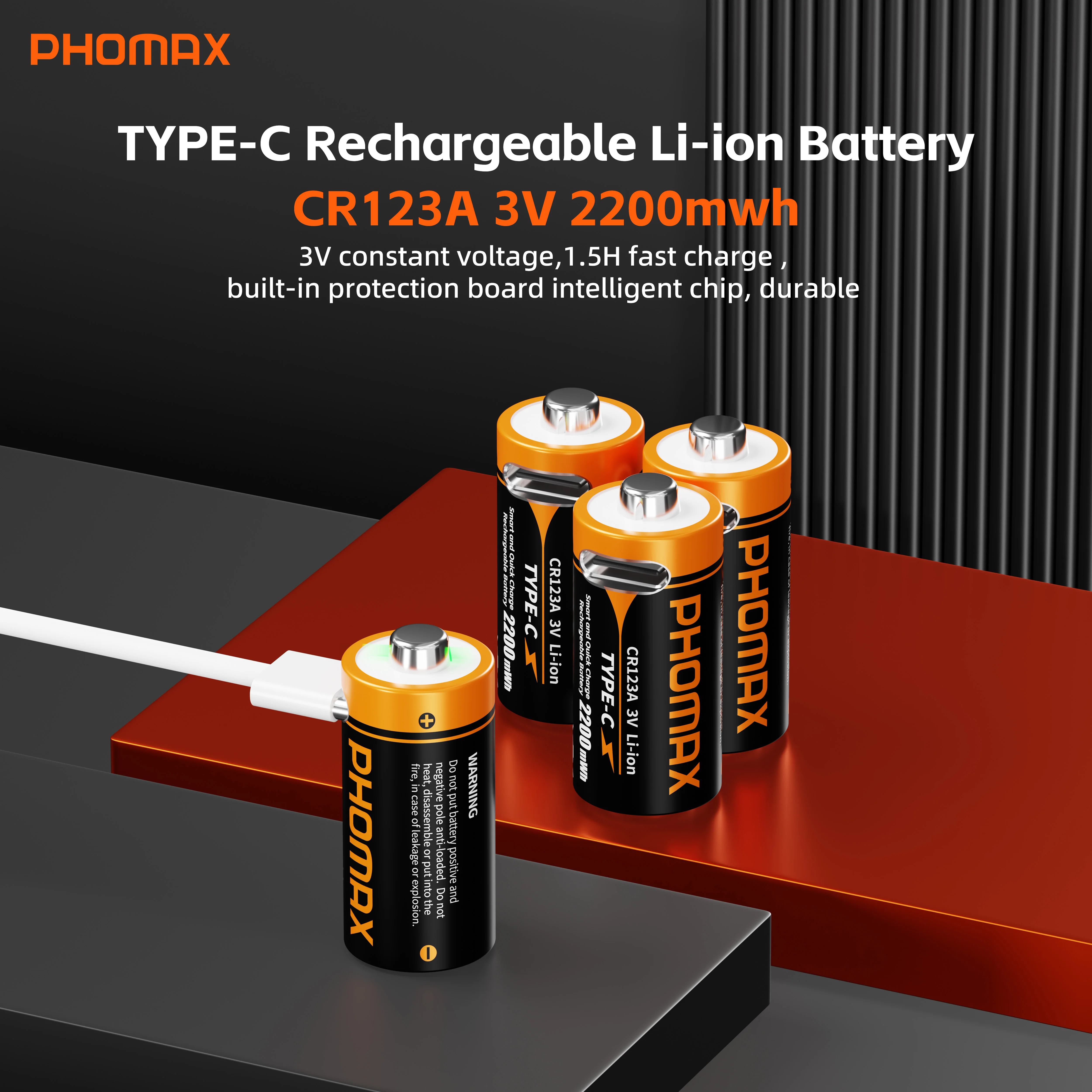 

PHOMAX 3v CR123A 2200mWh Rechargeable Battery Wholesale New Style Long-life Li-ion Batteries Cable Type c for Camera