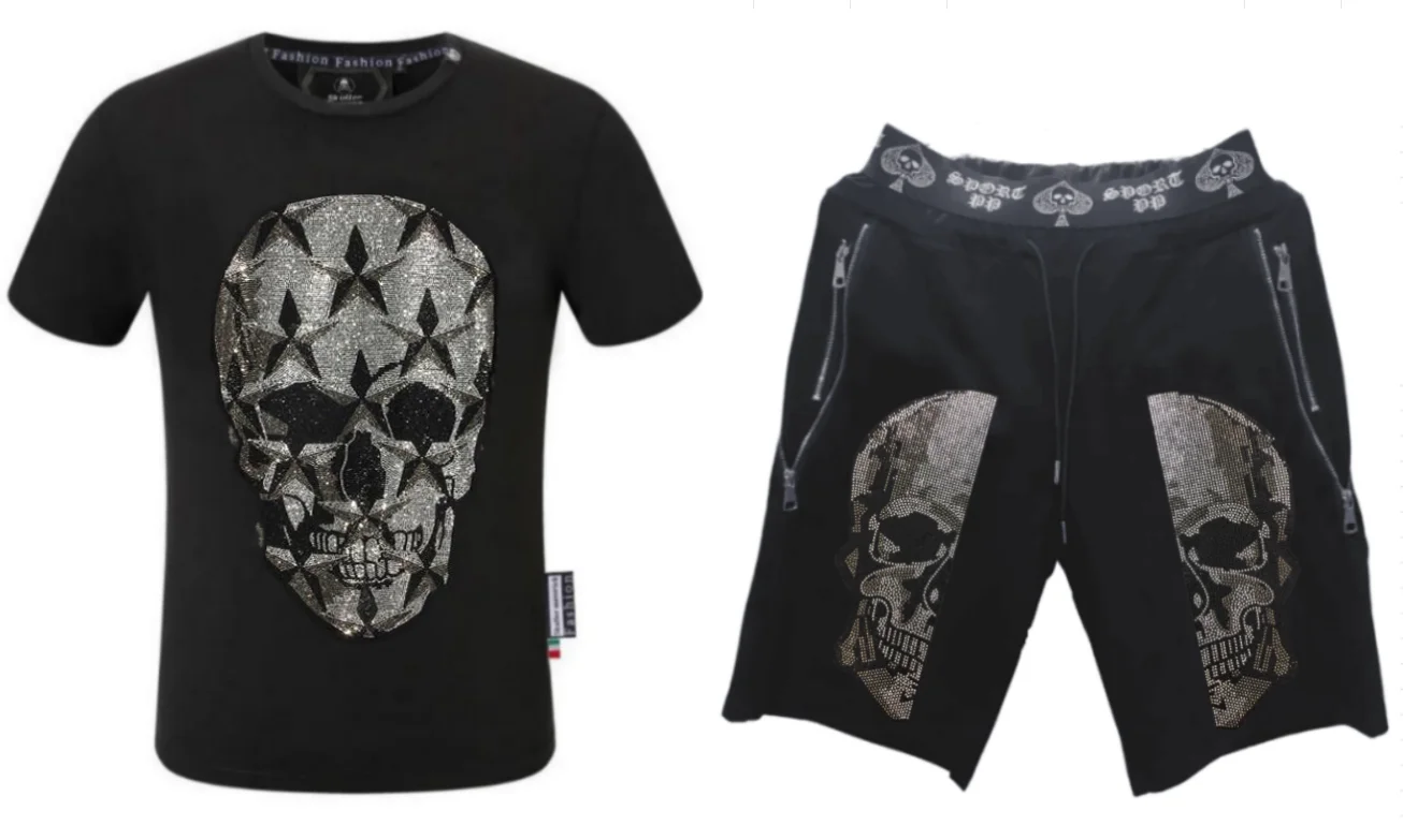 Men's Casual Set Summer Tracksuit Rhinestone Detail Designer Outfit Short Sleeve T-shirt + Shorts Brand Fashion Wear