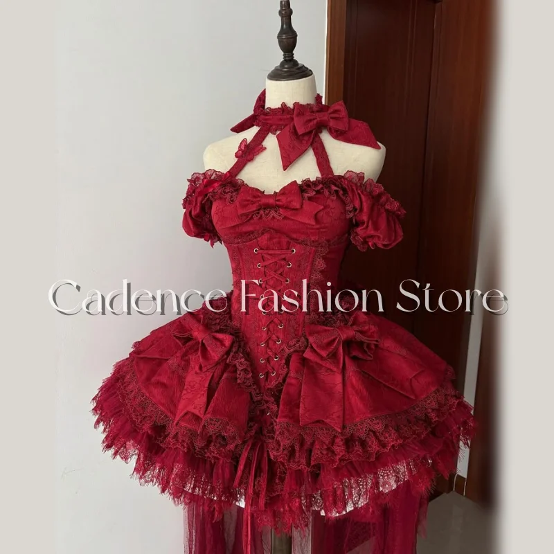 تخصيص أنيقة الفيكتوري بورجوندي مساء لوليتا بطاقة الكتف تكدرت القوس المشذبة الدانتيل يصل منتفخ هيم فساتين لحضور الحفلات الموسيقية