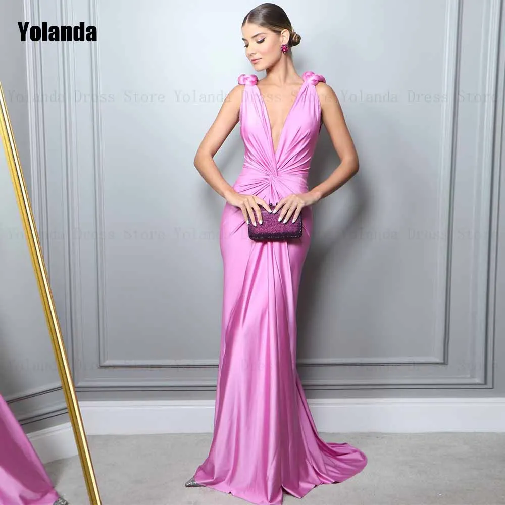 2024 New Exquisite Mermaid Evening Dresses V-Neck Satin Draped Pleat Ruffle Open Back Party Dress Floor Length Robe de soirée