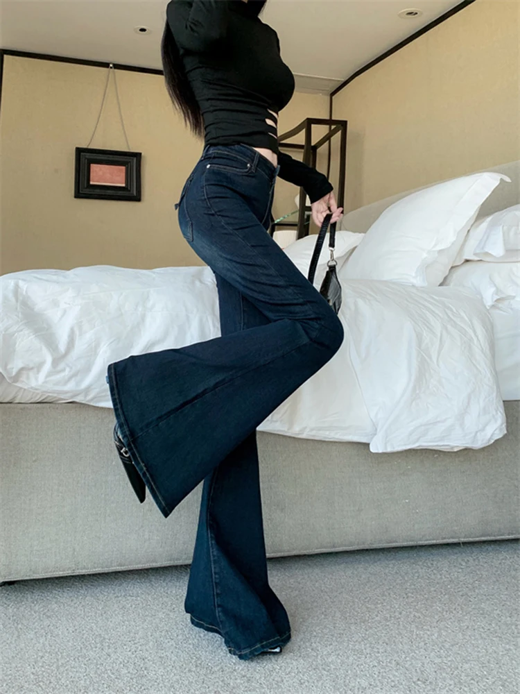 레트로 블루 마이크로 플레어 진 여성 여름 슬림핏 하이웨이스트 캐주얼 만능 패션 롱 팬츠