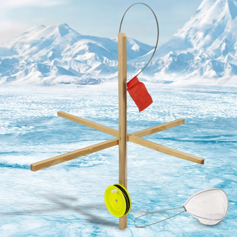 3 Pack Winter Ice Fishing Rod Tip Up with Spoon Net Winter Fishing Flag Wooden Fishing Platform Portable Fishing Tools