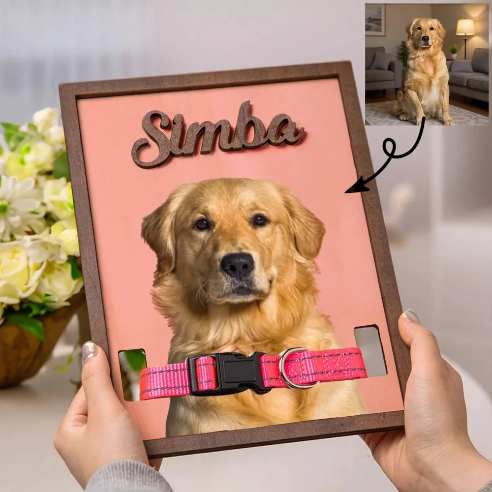 Personalized Colorful Pet Photo Wooden Collar Frame with Name Engraved Ideal Desktop Nightstand Or Display Shelf Decoration