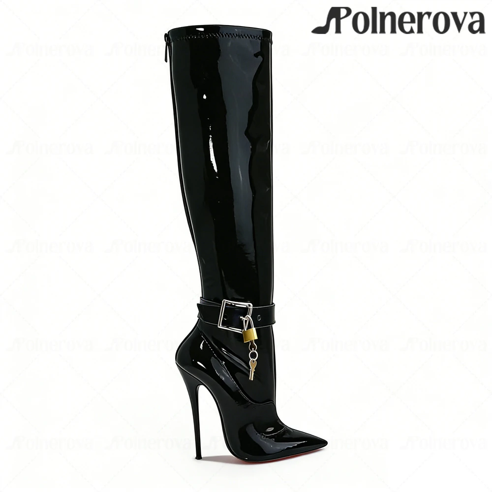 16cm Metallic Buckle Knee Boots Sexy Style Lacquered Heel Pointed Toe Boots Multi-colored Patent Leather Ultimate Handmade Shoes