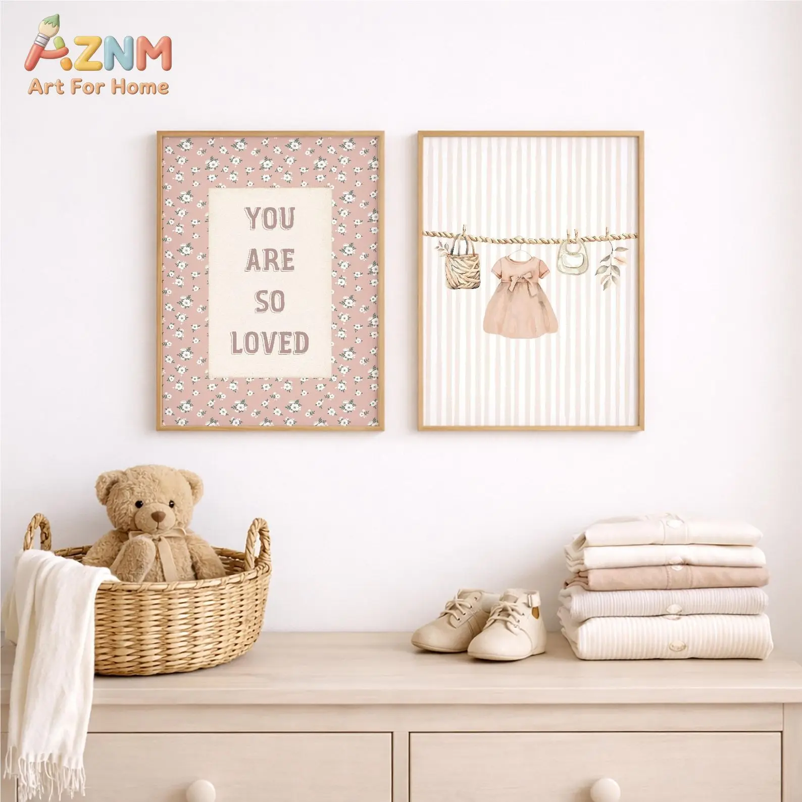 2Pcs Pink Floral Stripe Canvas Prints, You Are So Loved Quote Watercolor Dress Nursery Wall Art, Unframed Decor Posters