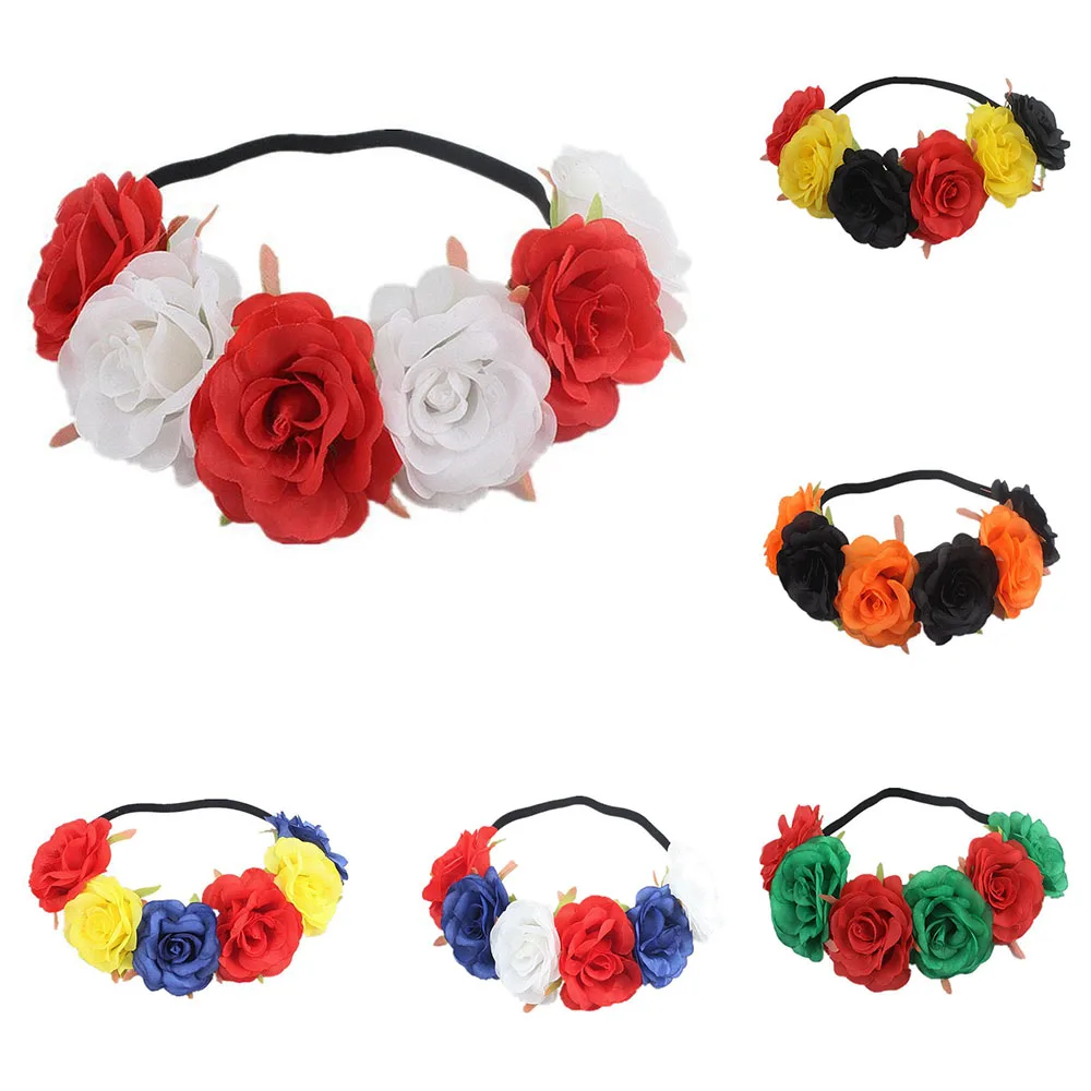 Womens Mexican Simulated Rose Flower Crown Headband Day of The Dead Halloween Headpiece Colorful Fake Stamen Party Hair Hoop