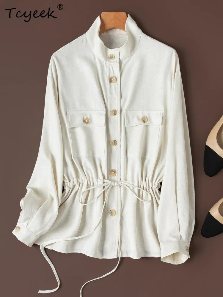 

Tcyeek 100% Real Mulberry Silk Shirt 2026 Summer Clothes Elegant Womens Shirts Long Sleeve Top Women Lace-up Блузка Женская