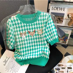 Summer Checkerboard Knitted Sweater Women Cartoon Cat Embroidered Short Sleeve Thin Ice Silk Sweater Casual Chic Knitwear Tops