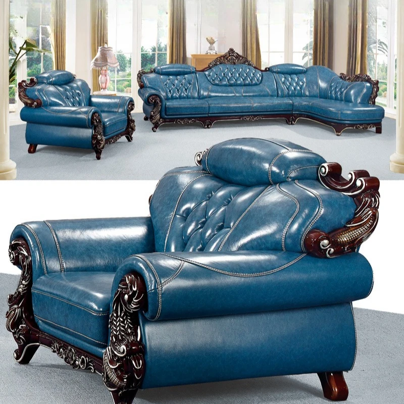 

European leather sofa luxury villa first layer cowhide living room furniture solid wood carving flower large apartment