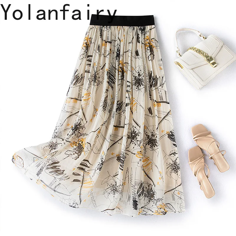 YOLANFAIRY 100% Real Mulberry Silk Skirts for Women Summer Elegant Holiday Bohemia Skirt Elastic Waist Fashion Skirts Long 2026