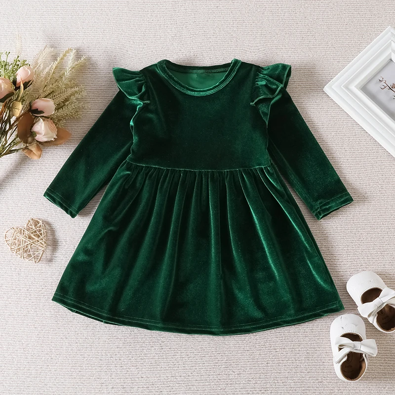 Autumn Solid Color Single-sided  Velvet  Dress for Baby Girls, Soft and Versatile Children\'s Wear, Suitable for Party