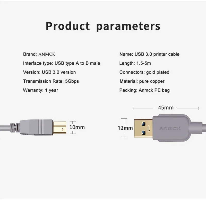 Kabel drukarki USB Anmck rodzaj USB B męski na męski kabel USB 3.0 2.0 do Canon Epson HP drukarka etykiet ZJiang DAC 1.5m 3m 5m 10m