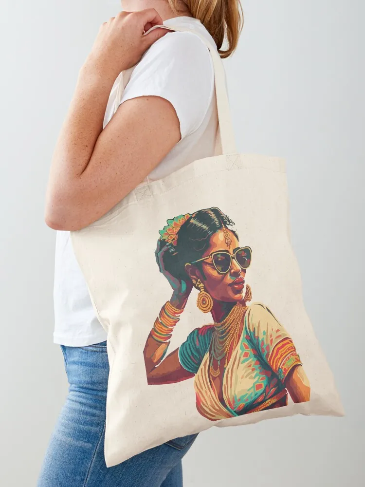 Desi Girl Swag Brown Girl With Sunglasses Performing Bharatnatyam Tote Bag shopping trolley bag large tote bag tote screen
