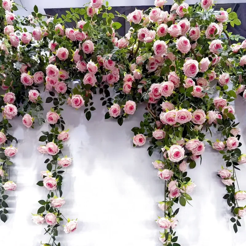 Artificial Rose Vine Wall Decoration Fake Flower Rattan for Air Conditioner Pipe Cover Store Landscaping and Courtyard Decor