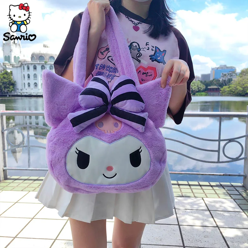 Kawaii Sanrio Kuromi Plush Bag Women Tote Bag Shoulder Bag Cute Cartoon Kuromi Large Capacity Handbag Makeup Storage Bag Gifts