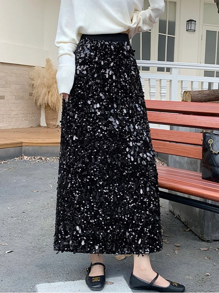 

SMTHMA 2025 New Autumn High Waisted Mid Length Sequined Skirt Women's Sexy Split Thick Sparkling Long Skirt