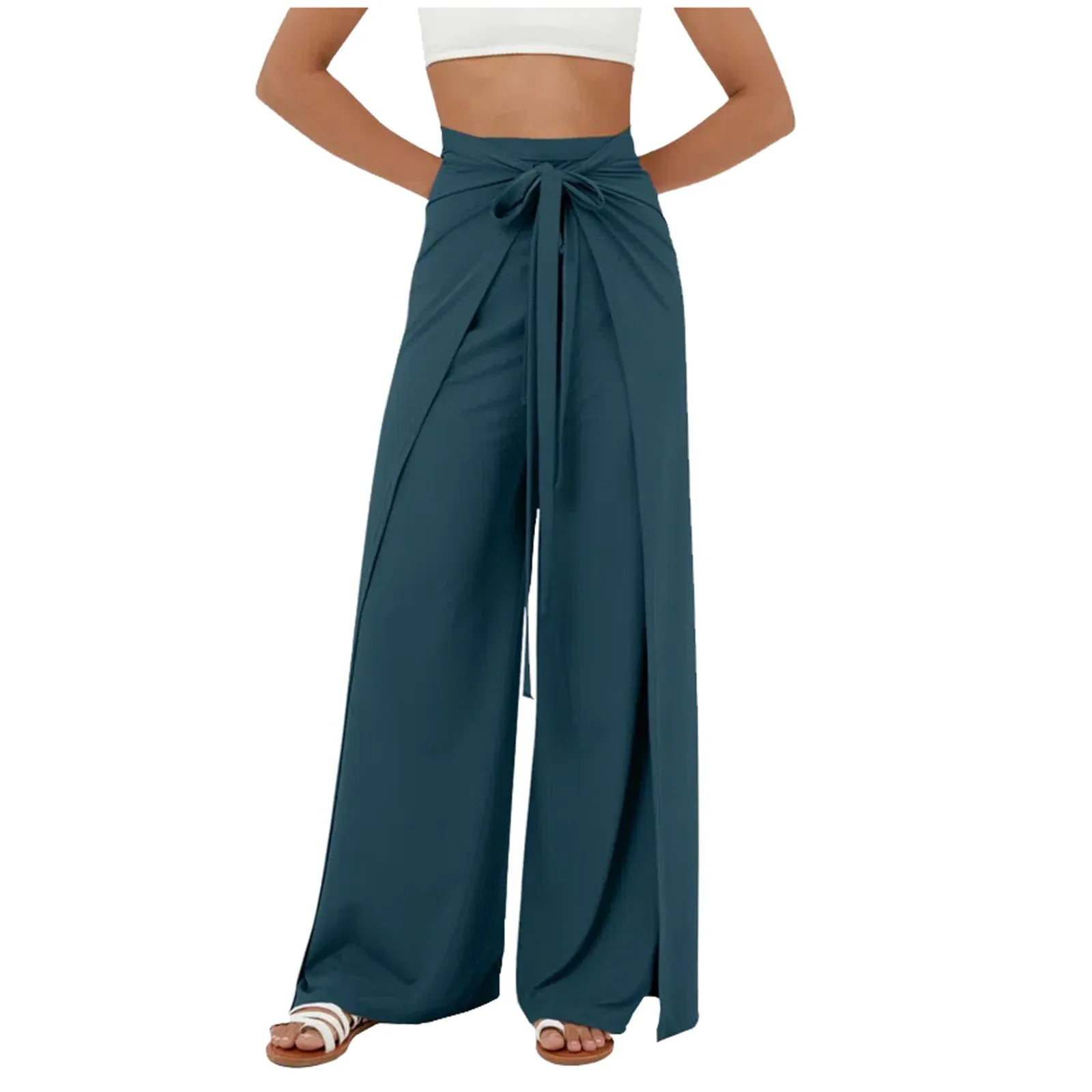 High-Waist Belt Slit Wide-Leg Quick-Drying Casual Pants Yoga Wide-Leg Pants Side Slit Summer Casual Wide-Leg Pants Pantalon