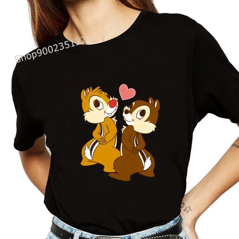 Camiseta con estampado de Chip y Dale para mujer, camiseta de manga corta, Tops blancos informales, camiseta negra Kawaii, camiseta gráfica de