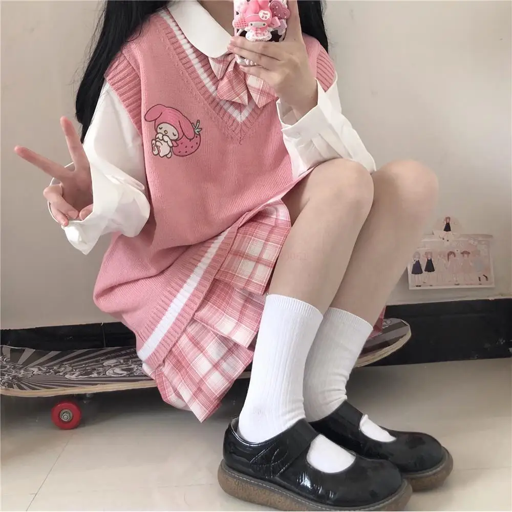 Sanrio piękny Kuromi moja melodia Cinnamoroll sweter z wełny V-neck kamizelka kamizelka Student jesień zima Kawaii garnitur odzież damska