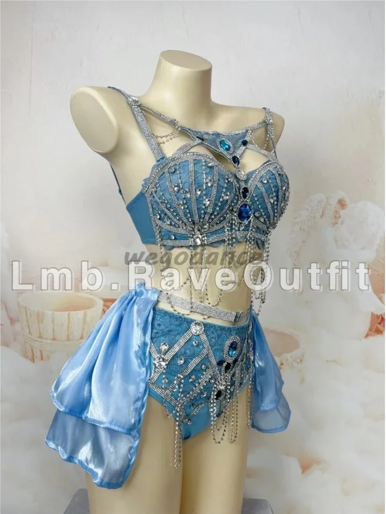 Blue Sexy Full Drill Electric Sound Bundy Bikini Crystals Costume for Women