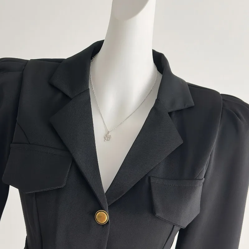 新作高級秋スーツドレス レディース ハイエンド エレガント スリムウエスト ラペル 長袖 ファッション Aライン プリーツ ミニドレス オフィスレディー