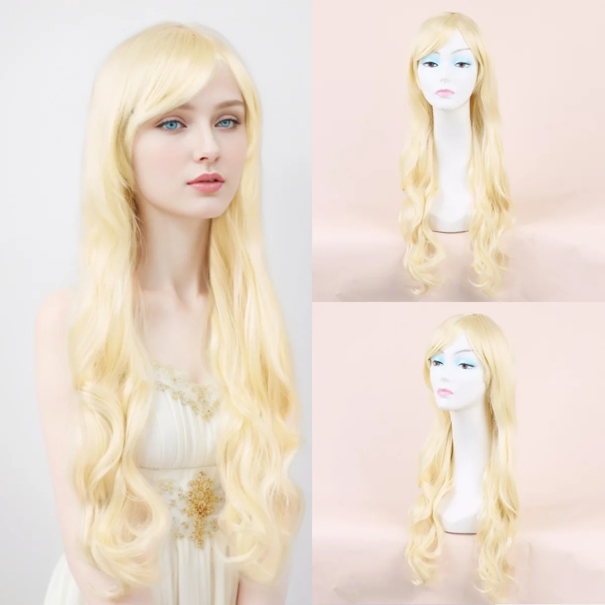 

White gold wig for women, synthetic, side-swept bangs, long wavy curls, full head wig to contour face shape, for daily wear