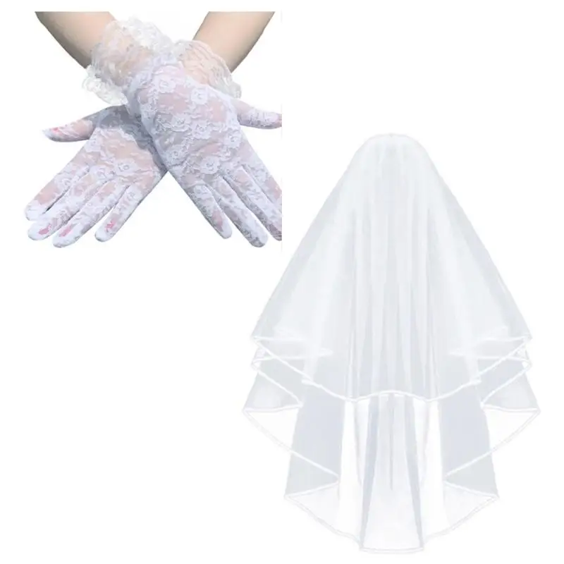 

652F Wedding Veil and Lace Gloves Proms Gloves for Operas Stage Performances Evening Dinner Women Gloves Lady Gloves