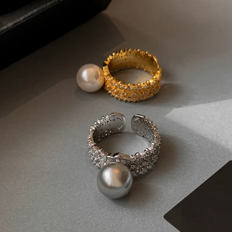

Niche design silver gray white pearl open ring women's fashion personality light luxury temperament