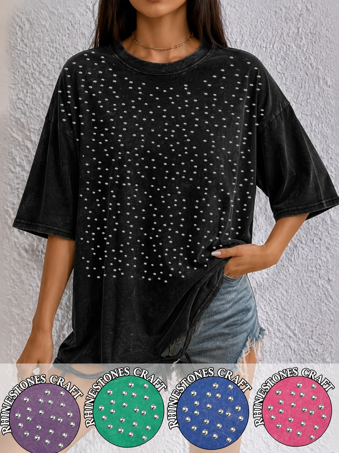Solid Color Retro Rhinestone Craft Women Washed Holes T Shirt Cotton Soft T-Shirt Y2K Loose Tops Summer Comfortable Streetwear