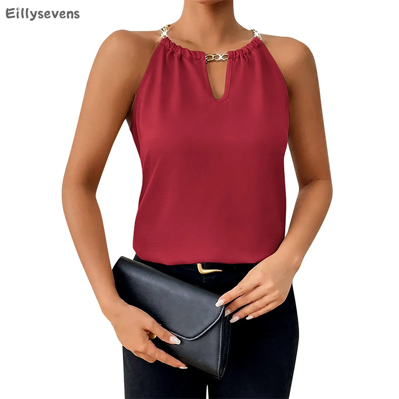 Women's Business Casual tops Fashion Chain Tank Top Sexy Elegant Sleeveless crop top Off The Shoulder blouse Hollow camisetas