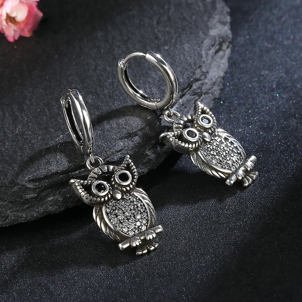 

S925 Sterling Silver Owl Hoop Earrings Vintage Creative Fine Party Accessories Wholesale Animal Ear Jewelry for Women Gift