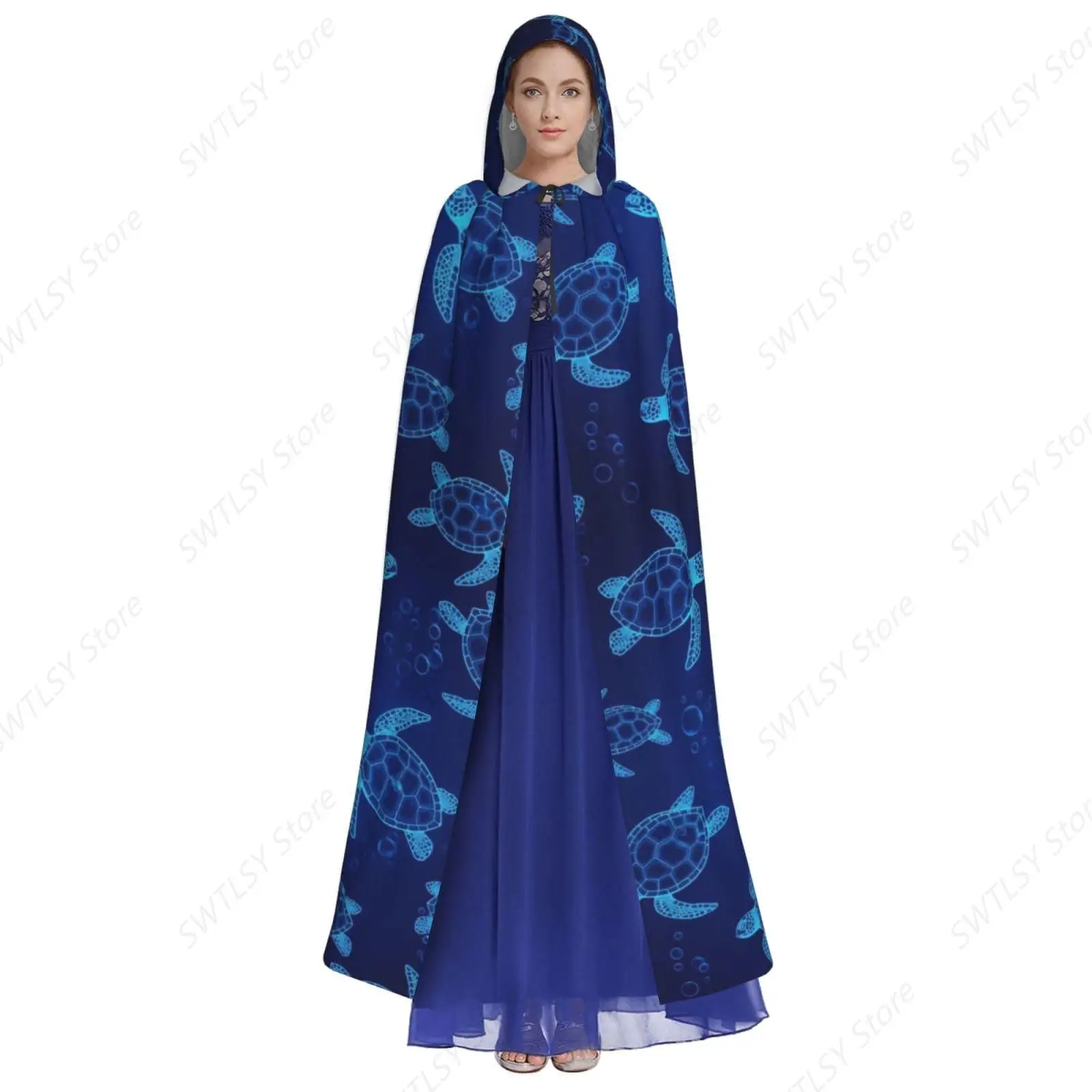 Women Men Halloween Costumes Christmas Hooded Cloak Compatible with Watercolor Blue Sea Turtle for Cosplay
