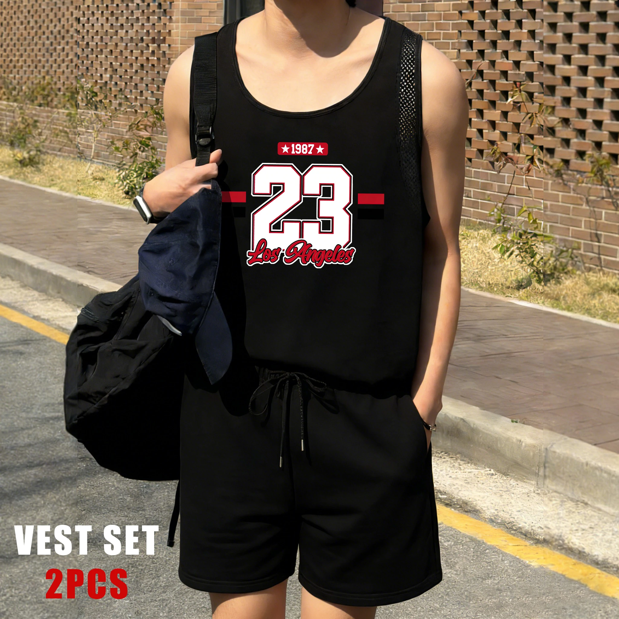 

Usa 1987 Number 23 Print Men Reticular Vest Suit Vacation Singlet Fashion Drawstring Shorts Sport Soft Male Sleeveless Top
