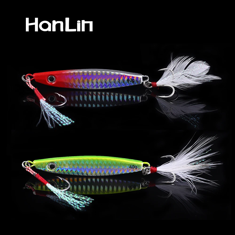 Hanlin Metal Jigging 10G/14G/17G/21G/30G/40G Fishing Lures Double Hooks With Feather Colorful Vibration Baits Pike Bass Tackle