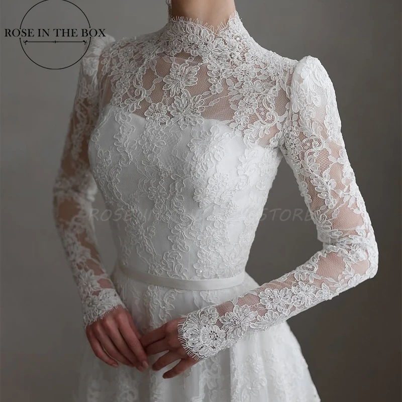 ROSEINTHEBOX robes de mariée en dentelle élégante de luxe 2025 à manches longues a-ligne col haut robe de mariée de mariée robe de mariée personnalisée