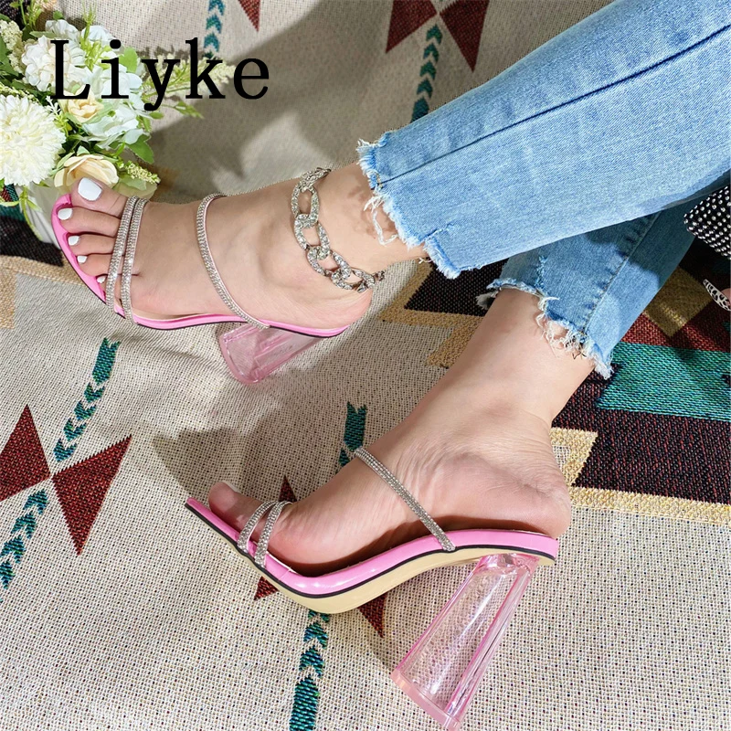 Liyke 2024 New Pink High Heels Women Slippers Fashion Crystal Rhinestone Open Toe Shoes Summer Sandals Female Mules Slides Pumps