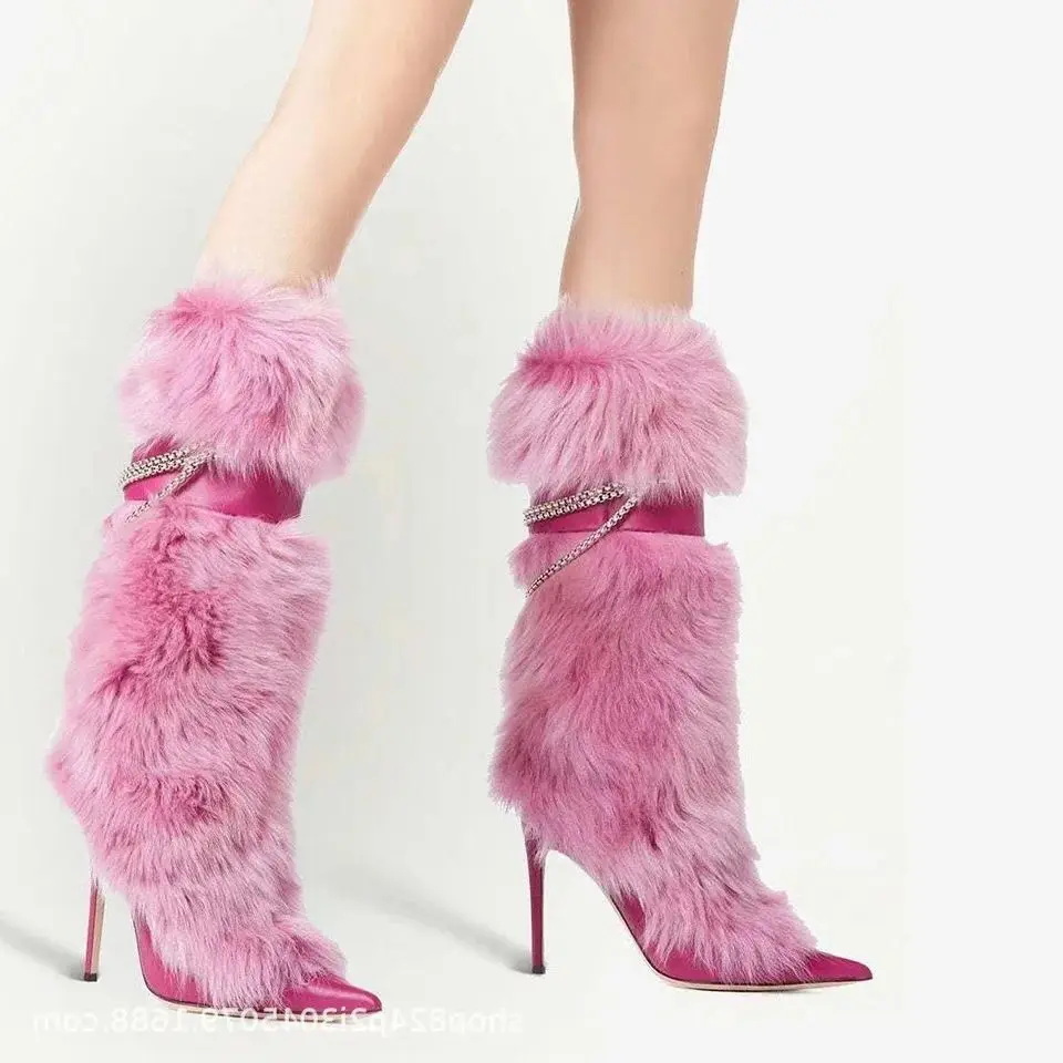 

Niche Fur Boots For Women 2025 Autumn Winter Hot Girls Fried Street Pointed Toe Stilettos High Heels Warm Cowhide High-Top Boats