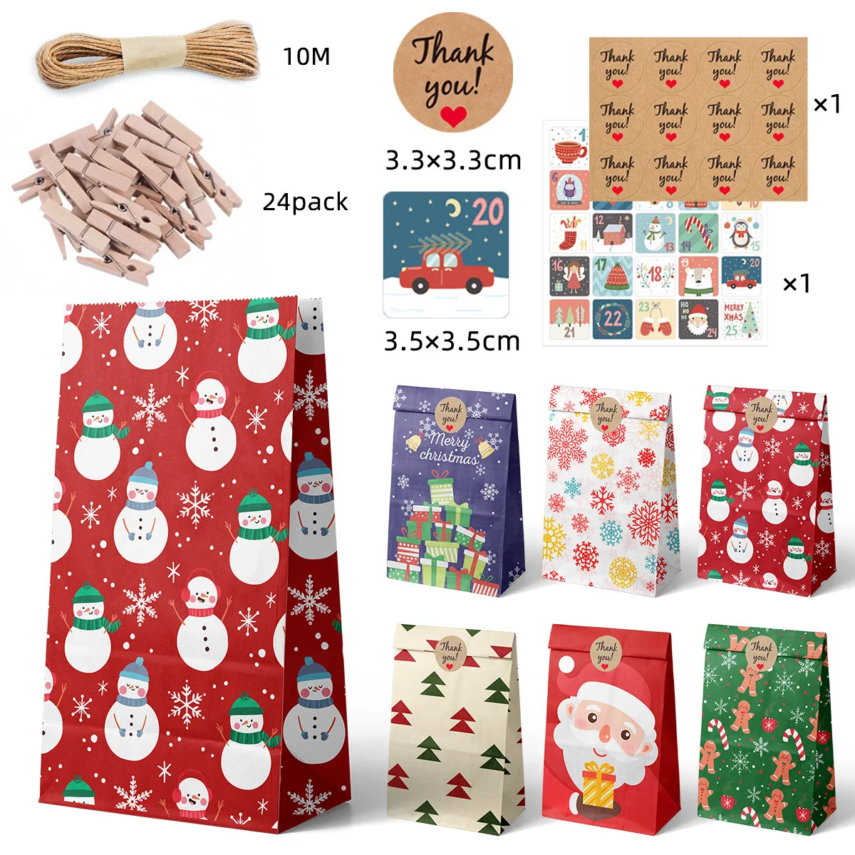 

24pcs Christmas Kraft Holiday Gift Paper Packaging Candy Apple Bags Gifts Tote Bags Set Party Decoration Supplies