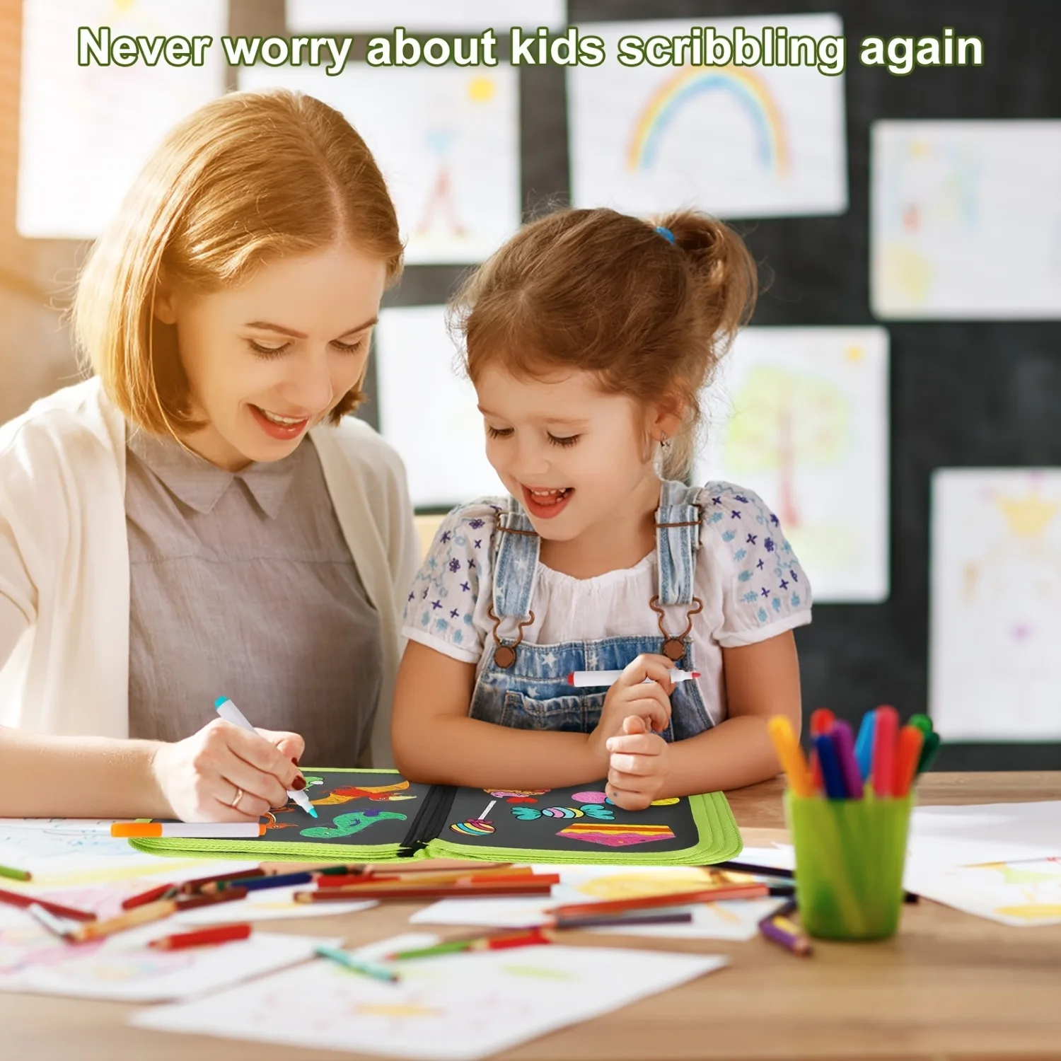 Green Dinosaur Erasable Book Doodle Set Magic Drawing Book Reusable Drawing Book 12 Watercolor Pens 14 Page Drawing for Kids view 6