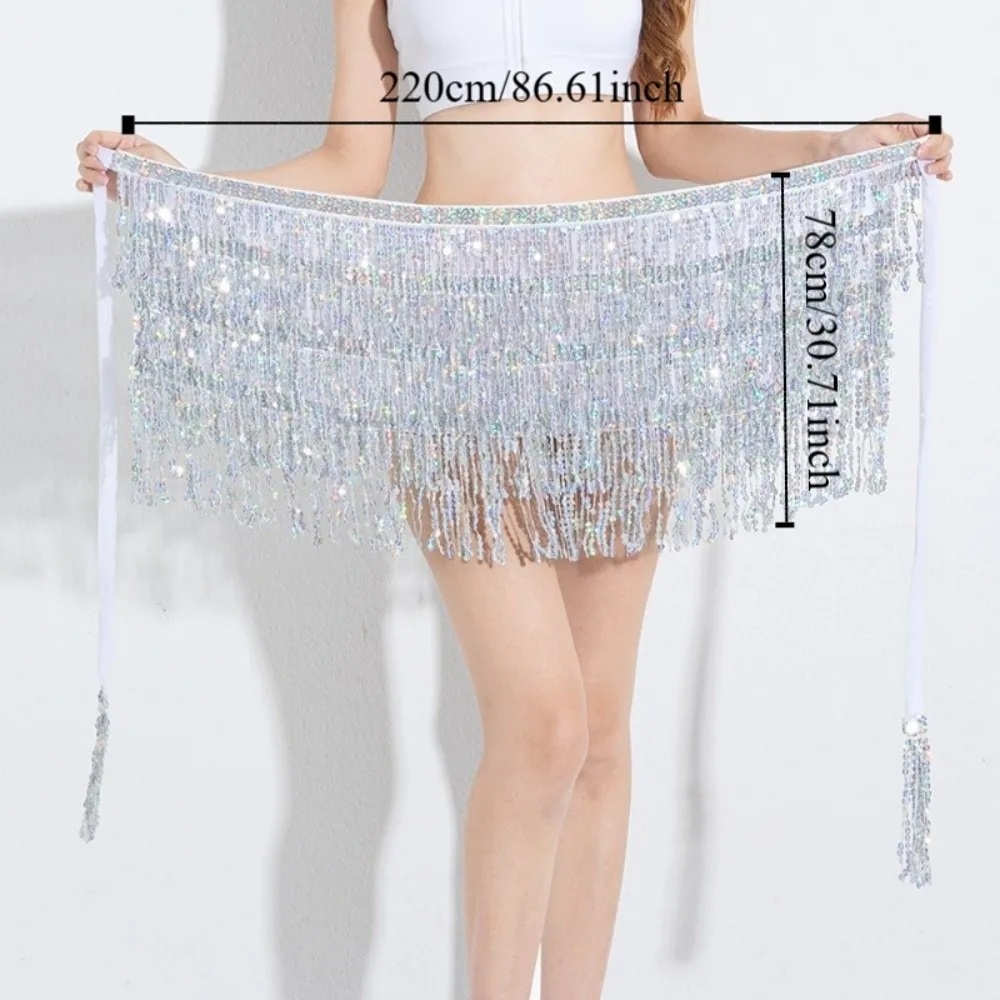 Hula – jupe courte de danse latine à 4 couches, robe à paillettes, chaîne de taille, accessoires de danse, pompon en mousseline de soie, écharpe de hanche, pratique