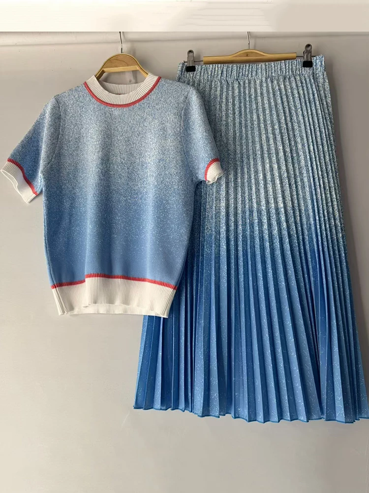 Designer Retro-geometrischer Print T-Ausschnitt Strickpullover Zweiteiler 2026 Sommer Damenkleid + lockerer Faltenrock Modeanzug