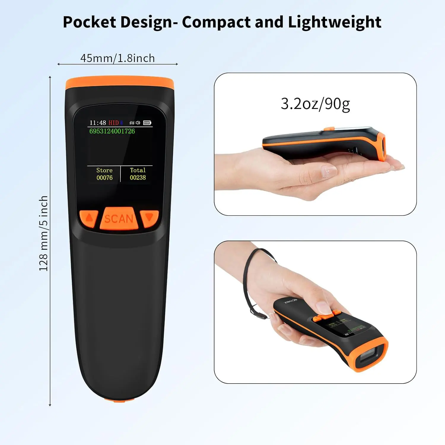 Mini 2D Bluetooth Barcode Scanner with LCD Screen Display Wireless Bar Code Scanner Portable QR Code Scanner for Tablet Phone PC