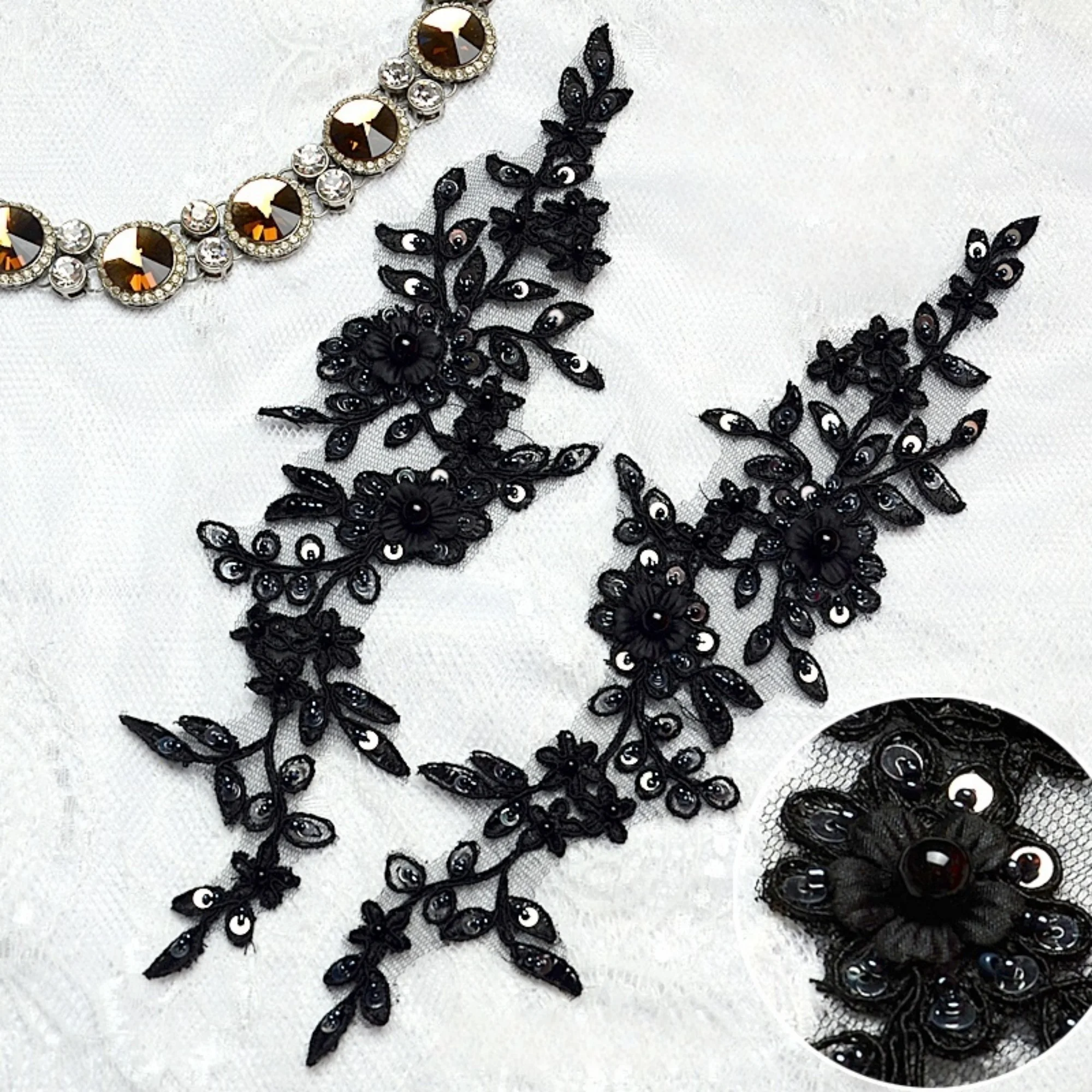 

Beaded black Flower Lace Appliques,Pearl Embroidered Flowers,Patches For Wedding Supplies,Bridal Hair Flower,Headpiece,lace