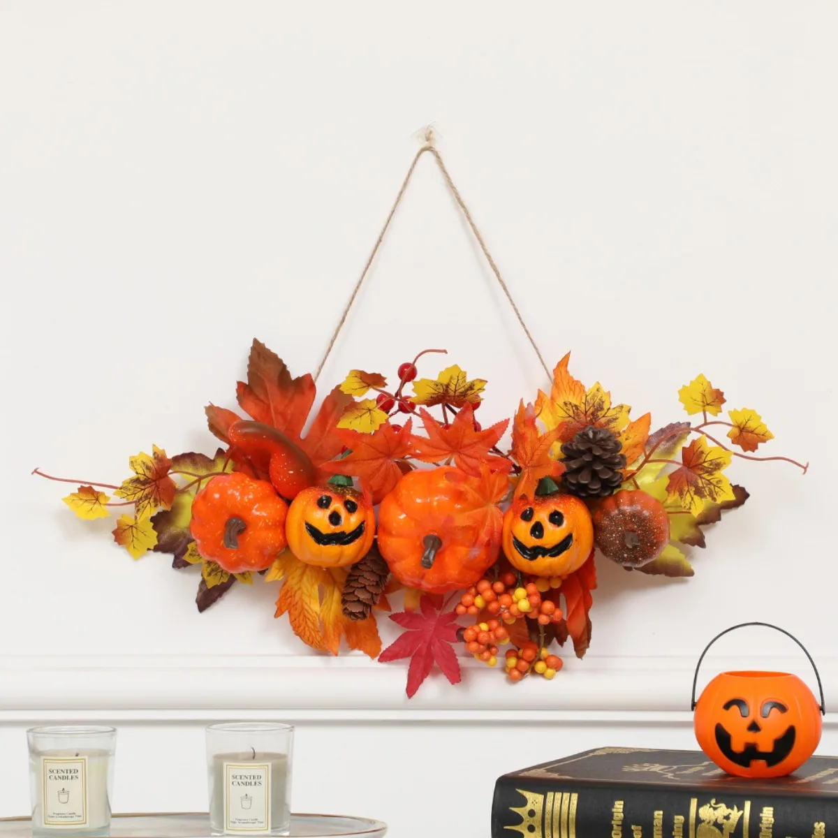 

Fall Wreath Artificial Autumn Front Door Wreath with Pumpkins Maple Leaves for Outside Indoor Thanksgiving Harvest Fall Decor