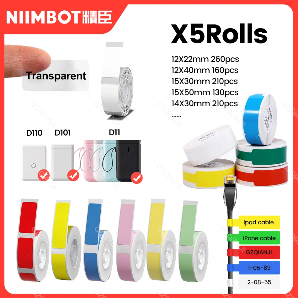 Niimbot D110 D101 D11 Original Thermal Label Printer Paper Roll Home Marking Color Cable Label Kid Fun Sticker Transparent Paper