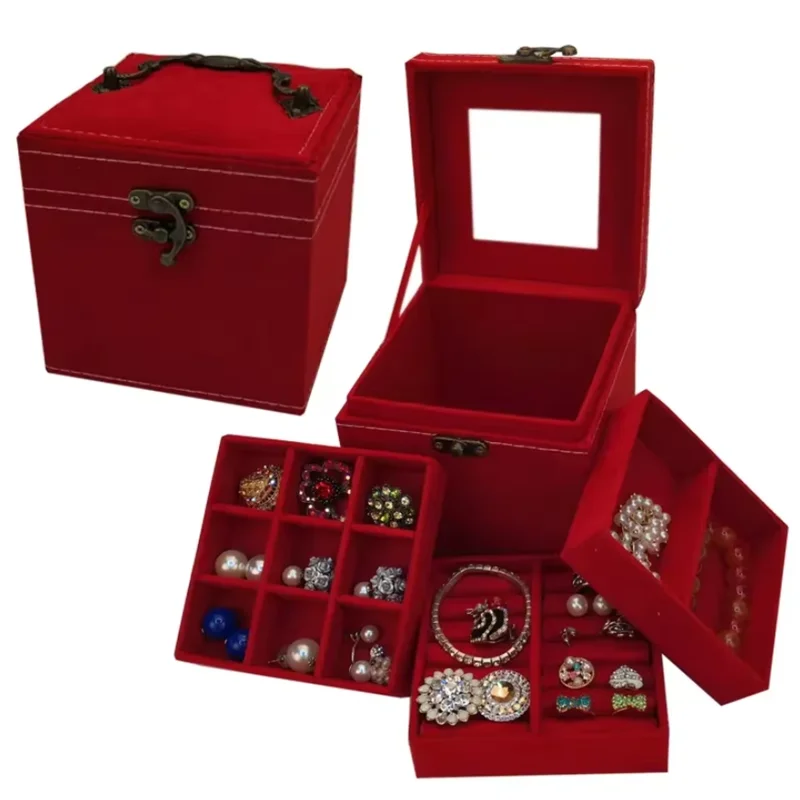 

Flannelette Multi-layer Girls Jewelry Box Large Capacity Earrings Bracelets Storage Box High Quality Square Jewelry Storage Box